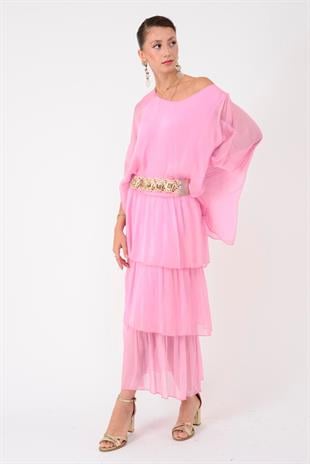 6105 Bluz Detay Kat Kat Uzun İpek Elbise