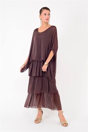 6105 Bluz Detay Kat Kat Uzun İpek Elbise