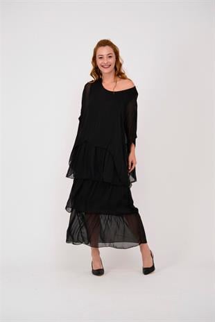 6105 Bluz Detay Kat Kat Uzun İpek Elbise