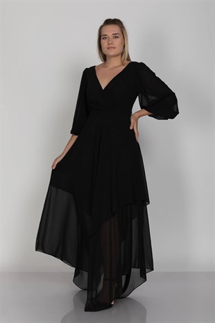 610901 Eteği Asimetrik Balon Kol Vyaka Kuşaklı Şifon Büyük Beden Kısa Elbise