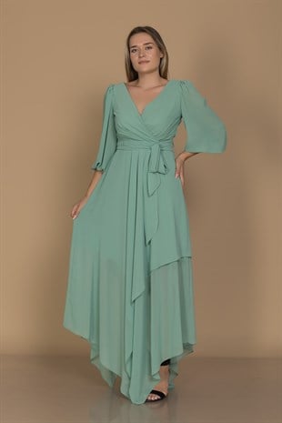 610901 Eteği Asimetrik Balon Kol Vyaka Kuşaklı Şifon Büyük Beden Kısa Elbise