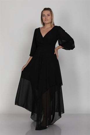 610901 Eteği Asimetrik Balon Kol Vyaka Kuşaklı Şifon Büyük Beden Kısa Elbise