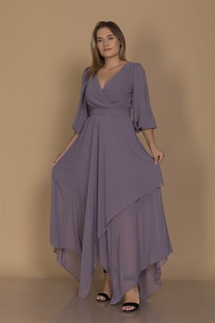 610901 Eteği Asimetrik Balon Kol Vyaka Kuşaklı Şifon Büyük Beden Kısa Elbise