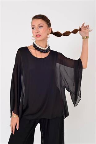 6115 Düz Desen Astarlı İpek Bluz