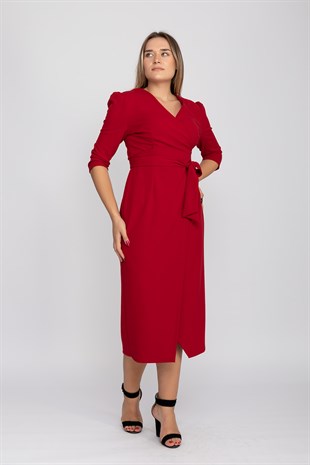 61246 Büyük Beden Kruvaze Yaka Bağlamalı Krep Elbise