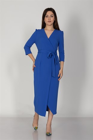 61246 Kruvaze Yaka Bağlamalı Krep Elbise