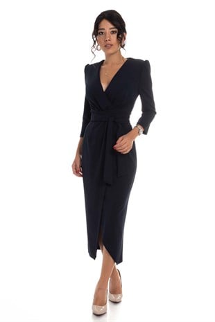 61246 Kruvaze Yaka Bağlamalı Krep Elbise