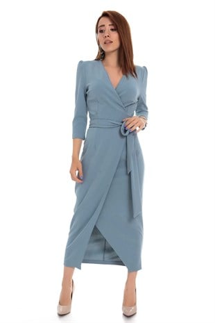 61246 Kruvaze Yaka Bağlamalı Krep Elbise