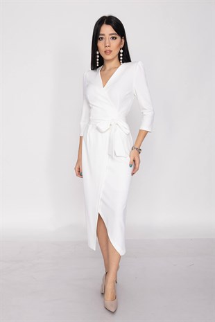 61246 Kruvaze Yaka Bağlamalı Krep Elbise