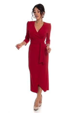 61246 Kruvaze Yaka Bağlamalı Krep Elbise