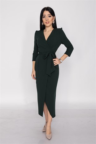 61246 Kruvaze Yaka Bağlamalı Krep Elbise