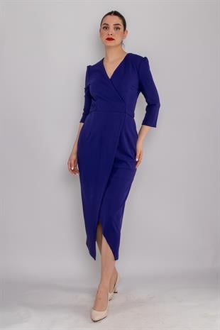 61246 Kruvaze Yaka Bağlamalı Krep Elbise
