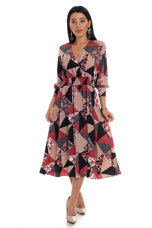 61270 Beli Lastikli Desenli Elbise