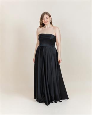 6135 Büyük Beden Straplez Saten Cepli Midiboy Elbise