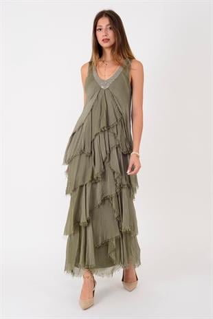 61460 Çapraz Kesim Vyaka Katkat İpek Elbise