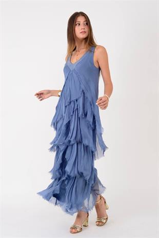 61460 Çapraz Kesim Vyaka Katkat İpek Elbise