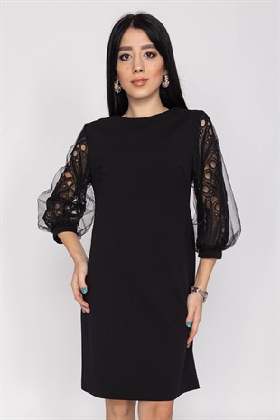 61506 Balon Tül Kol Kadın Krep Elbise