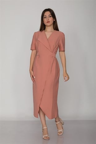 61621 Kruvaze Yaka Kuşaklı Yırtmaçlı Tencel Keten Kısa Kol Elbise