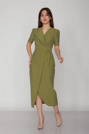 61621 Kruvaze Yaka Kuşaklı Yırtmaçlı Tencel Keten Kısa Kol Elbise