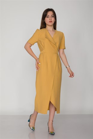 61621 Kruvaze Yaka Kuşaklı Yırtmaçlı Tencel Keten Kısa Kol Elbise