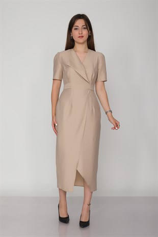 61621 Kruvaze Yaka Kuşaklı Yırtmaçlı Tencel Keten Kısa Kol Elbise