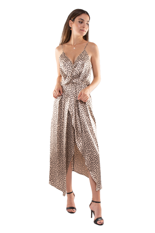 61637 İp Askı Puanlı Kruvaze Yaka Eteği Yırtmaçlı Saten Elbise