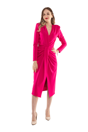 61651 Kruvaze Yaka Önü Geçmeli Krep Elbise