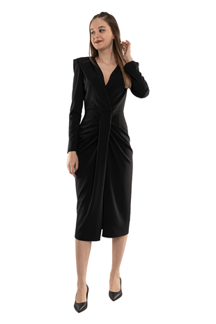 61651 Kruvaze Yaka Önü Geçmeli Krep Elbise