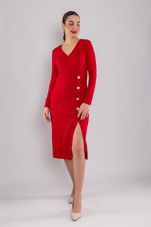 61656 Vyaka Uzun Kol Gold Düğmeli Krep Elbise