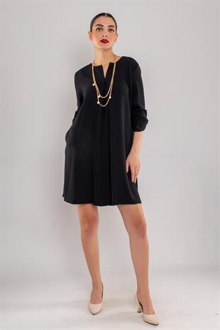 61842 Sırt Düğmeli Kolyeli Truvakar Kol Tunik Elbise