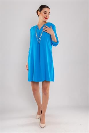 61842 Sırt Düğmeli Kolyeli Truvakar Kol Tunik Elbise