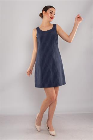 61877 İnce Çizgili Keten Kalın Askılı Astarlı Kısa Elbise