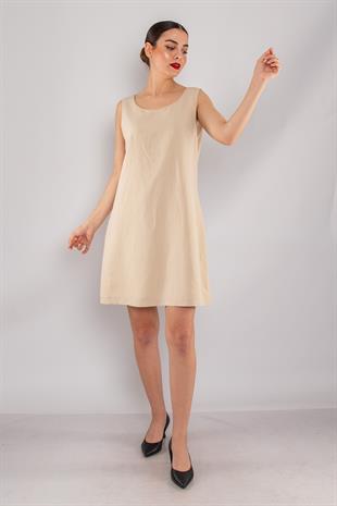 61877 İnce Çizgili Keten Kalın Askılı Astarlı Kısa Elbise