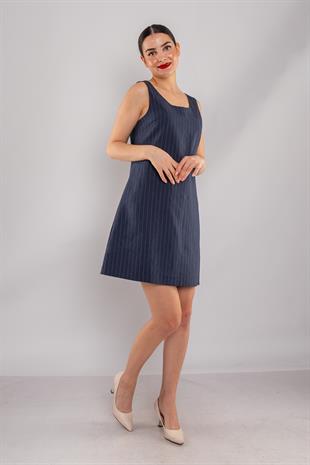 61877 İnce Çizgili Keten Kalın Askılı Astarlı Kısa Elbise