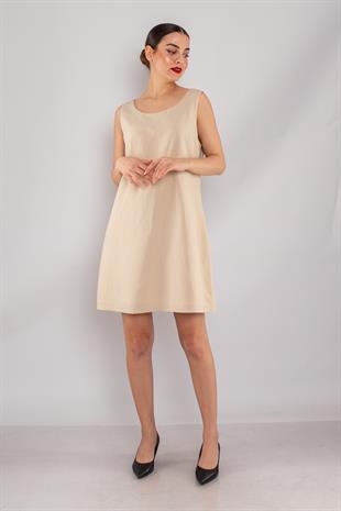 61877 İnce Çizgili Keten Kalın Askılı Astarlı Kısa Elbise