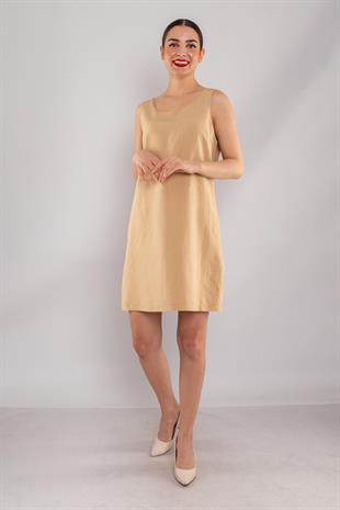 61877 İnce Çizgili Keten Kalın Askılı Astarlı Kısa Elbise