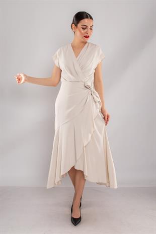 61878 Kruvaze Yaka Yandan Beli Bağlamalı Astarlı Midiboy Elbise