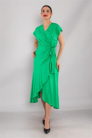 61878 Kruvaze Yaka Yandan Beli Bağlamalı Astarlı Midiboy Elbise