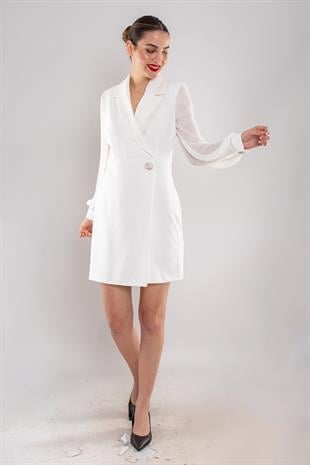 61891 Pilise Kol Kruvaze Yaka Broş Detay Kapaklı Kısa Krep Elbise