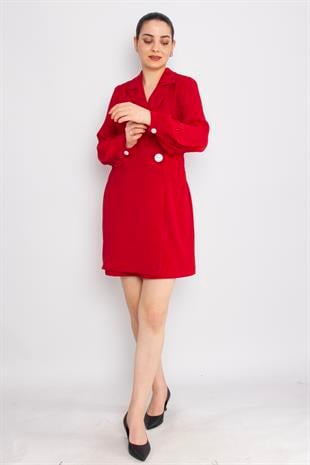 61891 Pilise Kol Kruvaze Yaka Broş Detay Kapaklı Kısa Krep Elbise