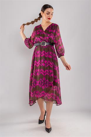 61892 Kemerli Kruvaze Yaka Desenli Simli Şifon Kısa Elbise