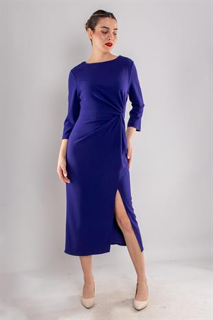 61923 Kollu Bisiklet Yaka Yandan Büzgülü Uzun Krep Elbise