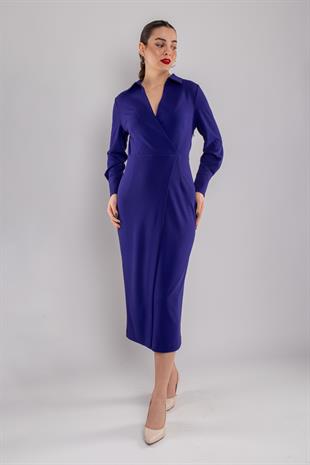 61924 Kruvaze Yakalı Uzun Krep Elbise