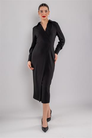 61924 Kruvaze Yakalı Uzun Krep Elbise