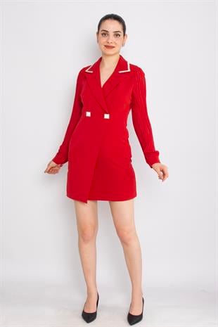 61992 Akordion Kol Yaka Taş Detay Kısa Krep Elbise