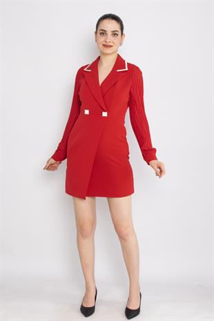 61992 Akordion Kol Yaka Taş Detay Kısa Krep Elbise