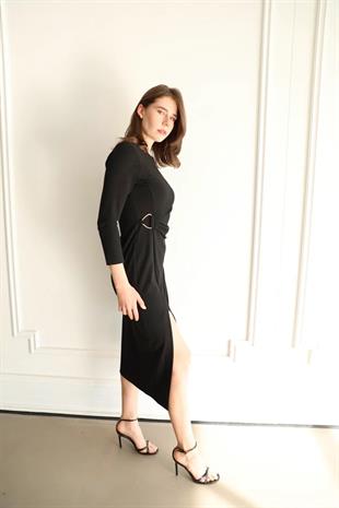 62228 Yandan Drape Tok Detay Krep Uzun Elbise