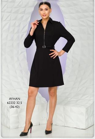 62232 Yaka Fermuarlı Kemerli Kısa Kendinden Desenli Elbise