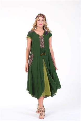 624 Püskül Detay Oyalı Aykollu Yıkamalı Otantik Pamuk Elbise