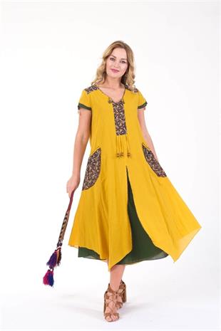 624 Püskül Detay Oyalı Aykollu Yıkamalı Otantik Pamuk Elbise